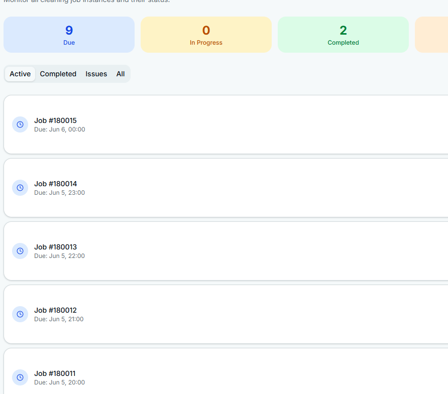 CleanCalendar Track admin jobs dashboard showing job status cards
