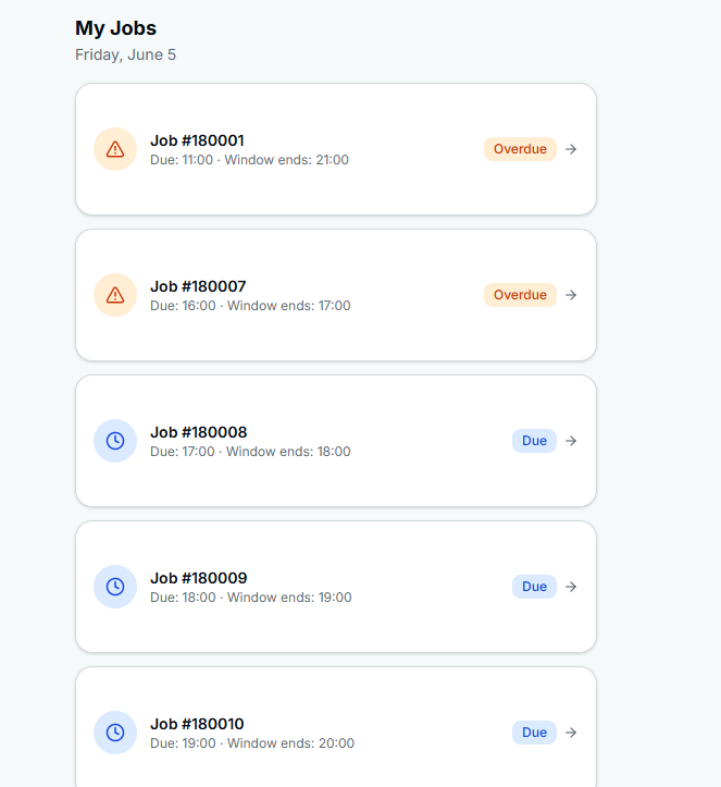 CleanCalendar Track cleaner mobile interface showing My Jobs list with status badges
