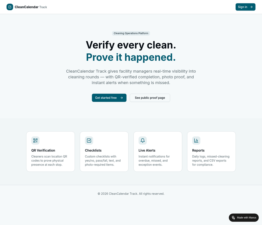 CleanCalendar Track — admin dashboard showing job status overview